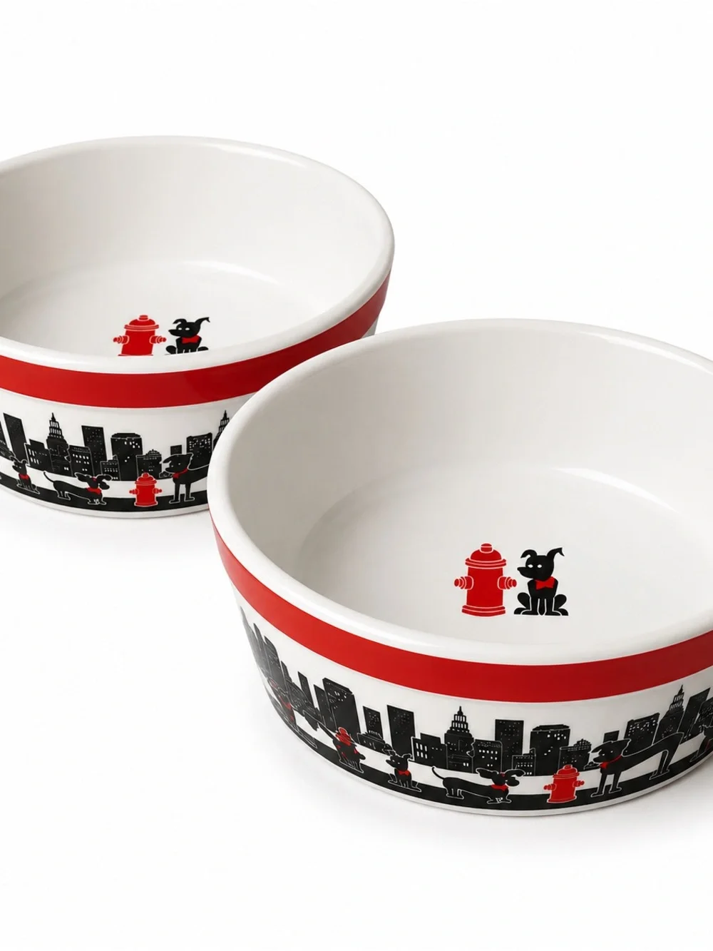 Dog Bowl Set of Two City Pets Red White Black Urban Loft Retro Ceramic Food Big